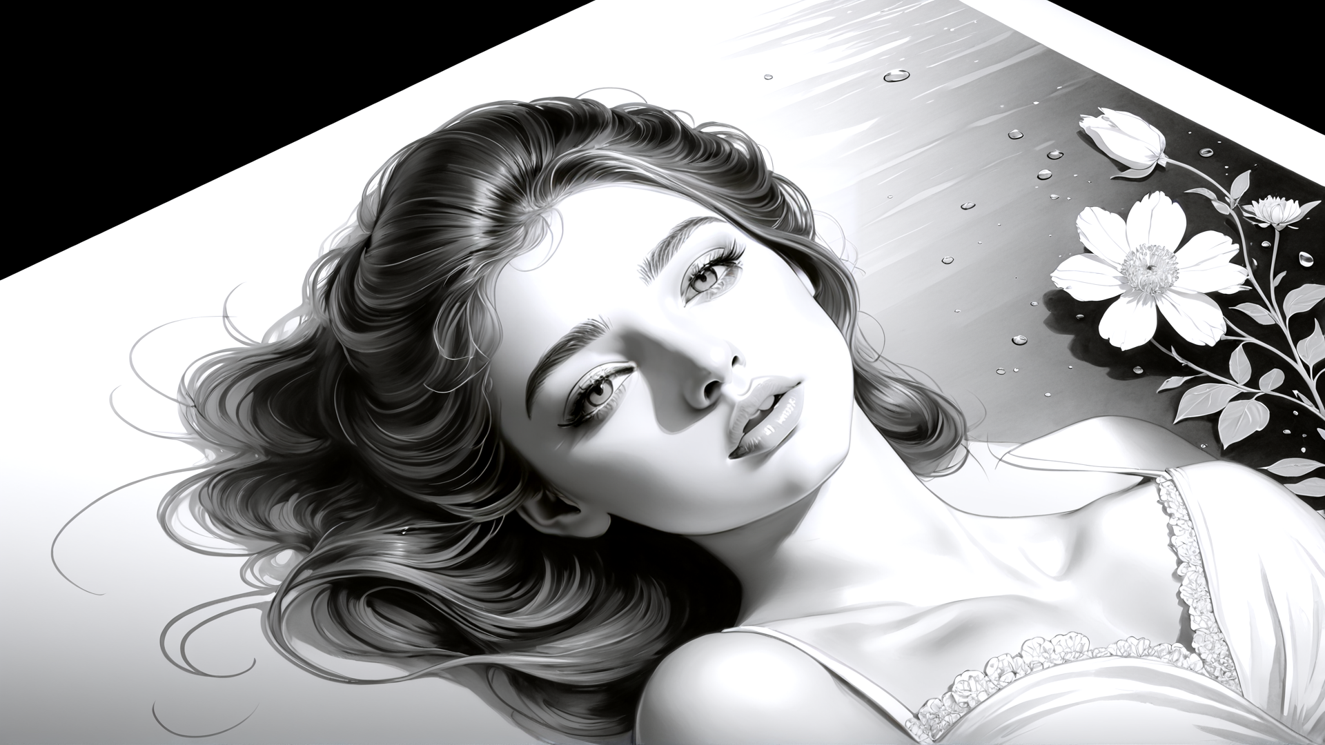 AI generated wallpaper featuring woman, hair, flower, dress, water droplets