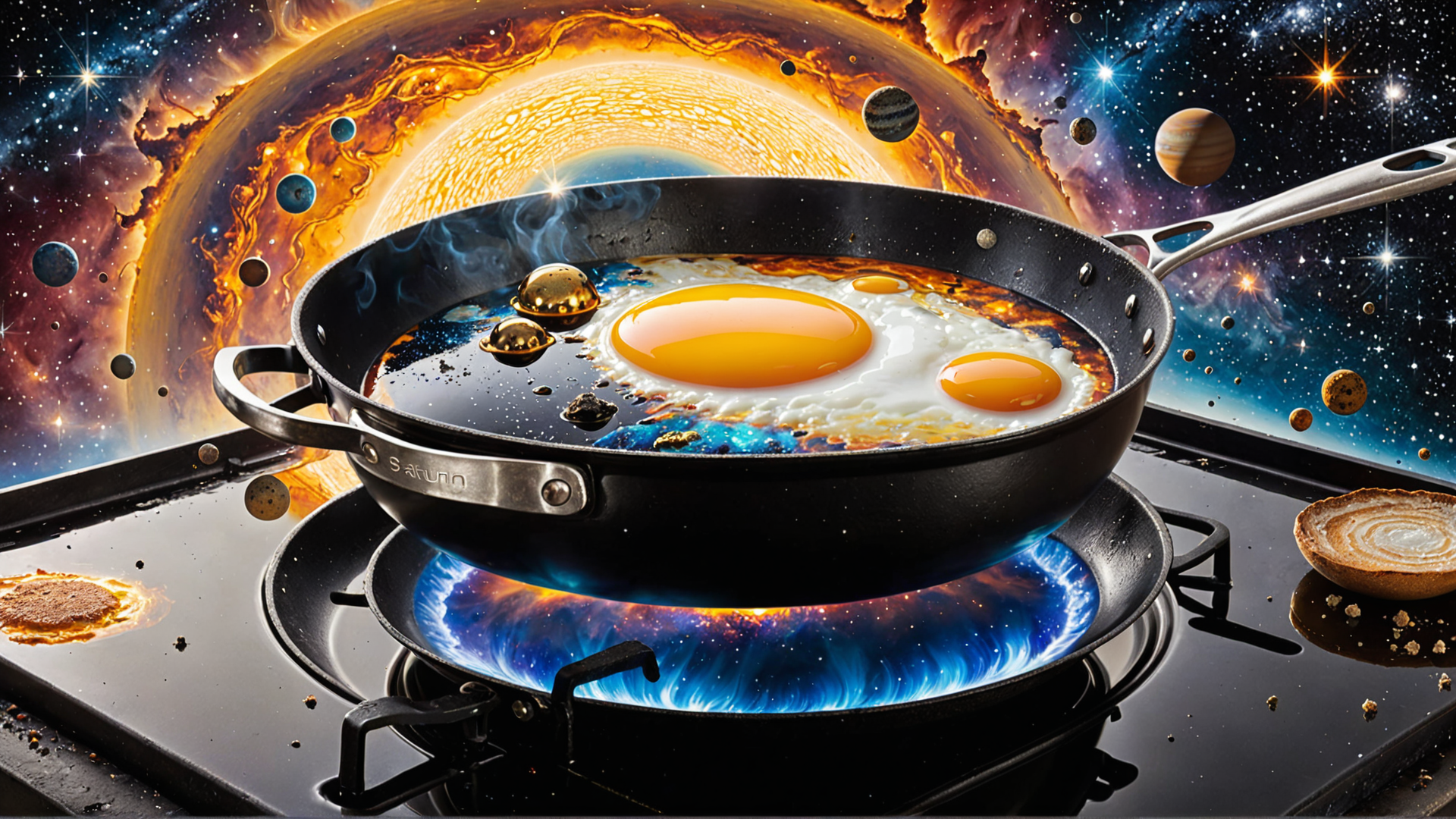 AI generated wallpaper featuring egg, pan, galaxy