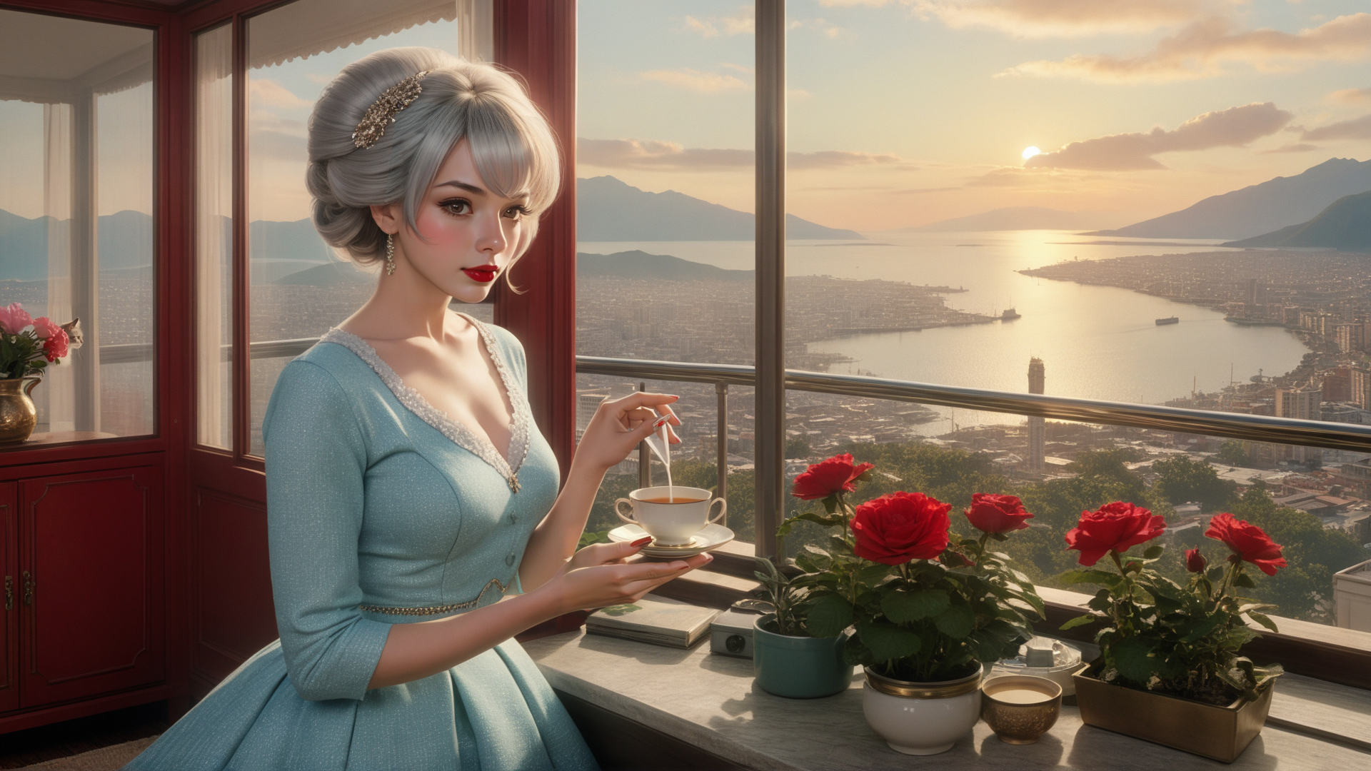 AI generated wallpaper featuring woman, roses, cityscape, tea, sunrise
