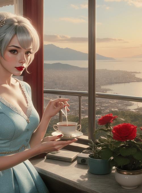 woman, roses, cityscape, tea, sunrise