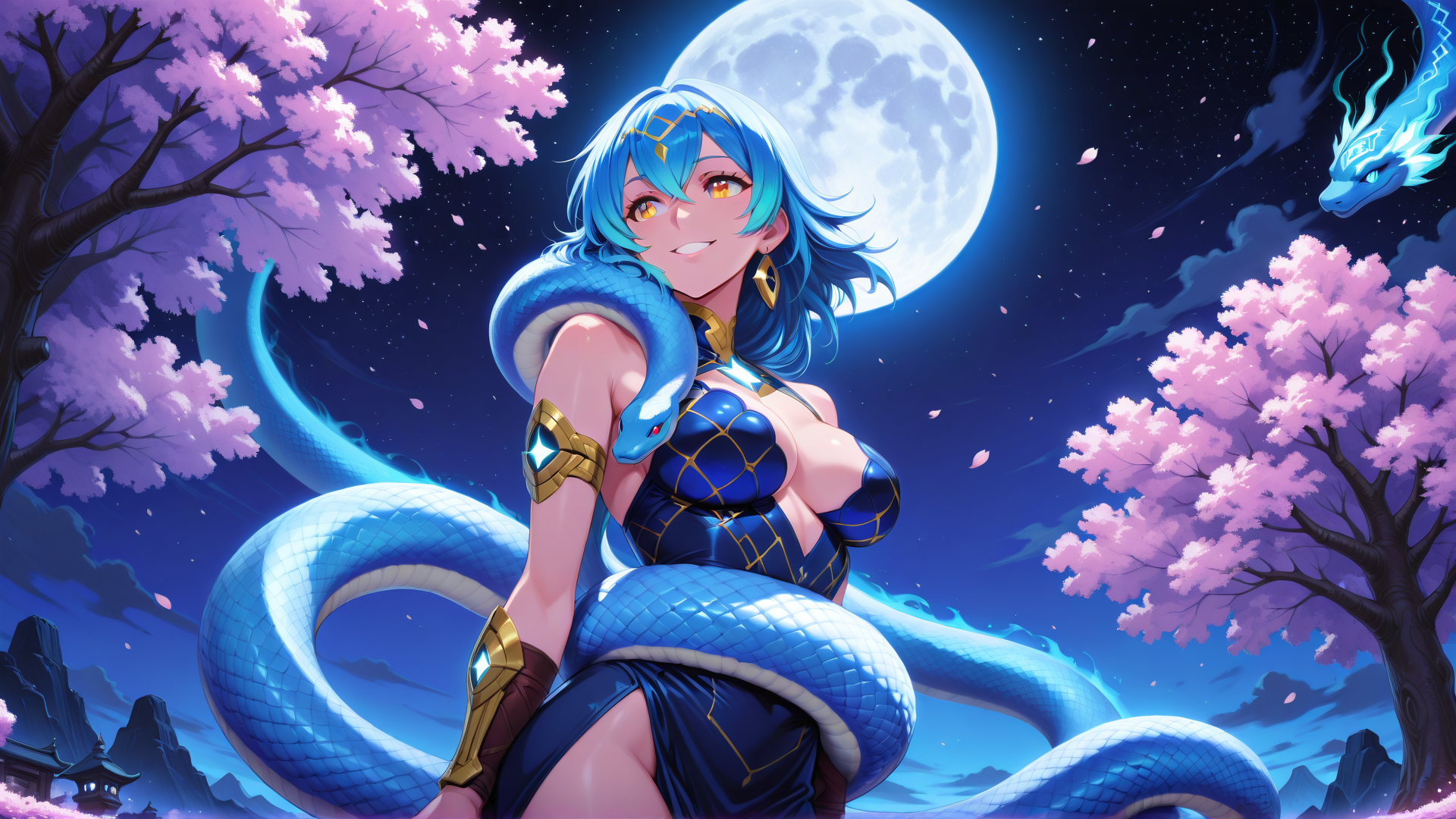 AI generated wallpaper featuring woman, snake, cherry blossom, dragon, moon