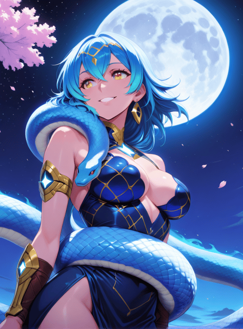 woman, snake, cherry blossom, dragon, moon