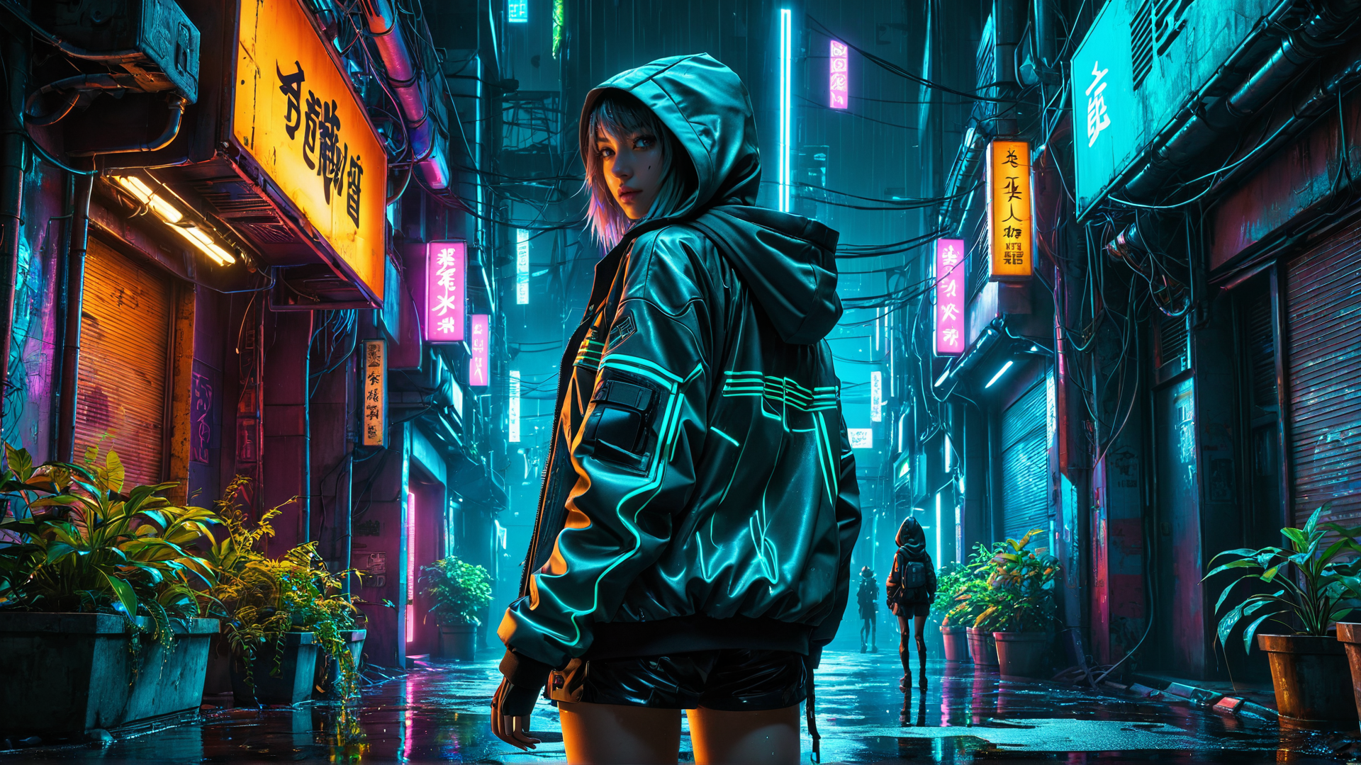 AI generated wallpaper featuring person, neon, street