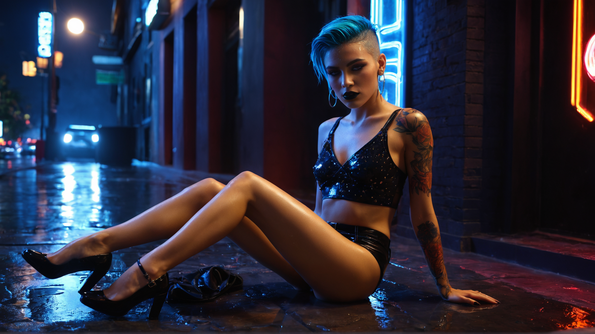 AI generated wallpaper featuring woman, neon, street