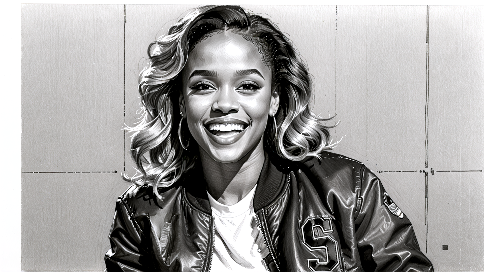 AI generated wallpaper featuring woman, jacket, hair, smile, earrings