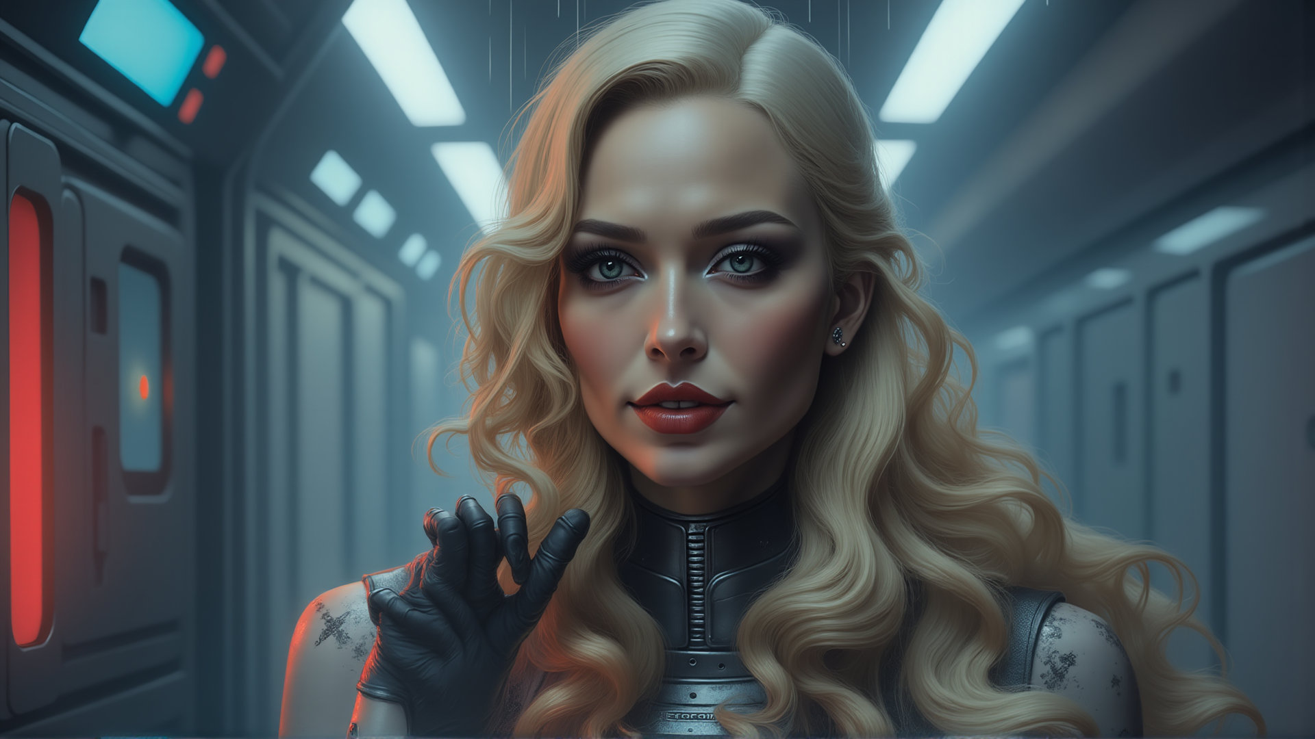 AI generated wallpaper featuring woman, spaceship, corridor, gloved hand, blonde hair, futuristic suit, tattoo, door, lighting, screen
