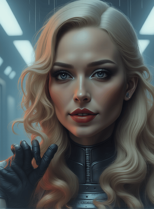 woman, spaceship, corridor, gloved hand, blonde hair, futuristic suit, tattoo, door, lighting, screen