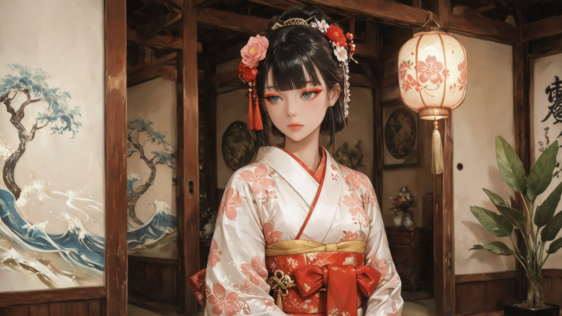 AI generated wallpaper featuring woman, kimono, lantern, room, blossom, painting, tree, plant, hair accessory, wall