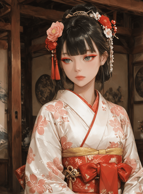 woman, kimono, lantern, room, blossom, painting, tree, plant, hair accessory, wall