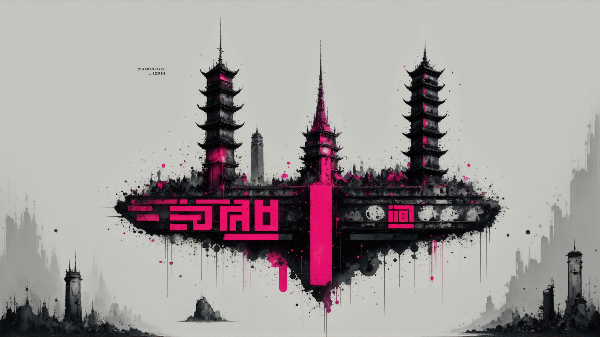 AI generated wallpaper featuring tower, building, cityscape, text, painting