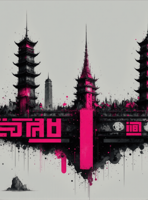 tower, building, cityscape, text, painting
