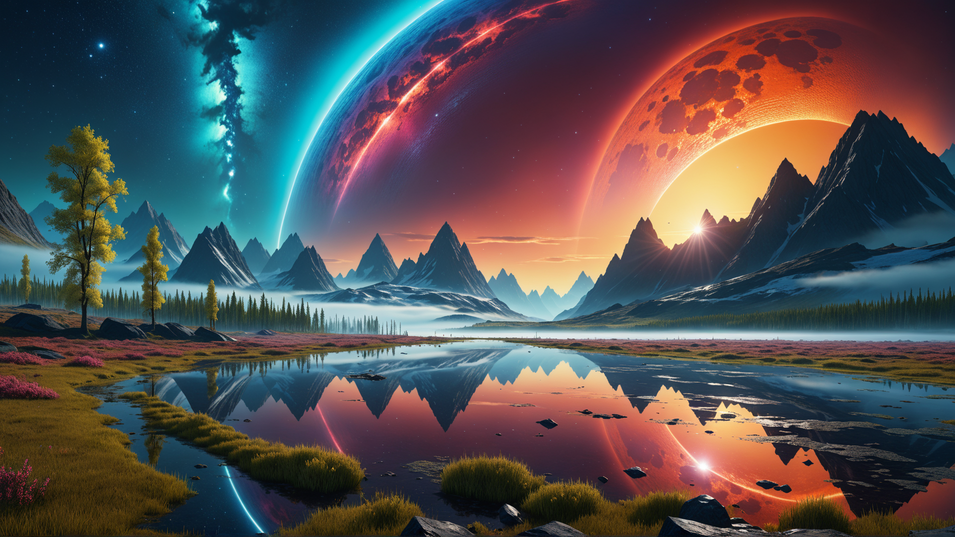 AI generated wallpaper featuring mountains, planet, lake
