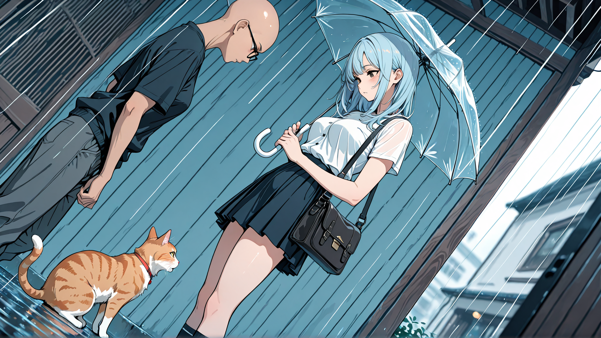 AI generated wallpaper featuring man, woman, cat, umbrella