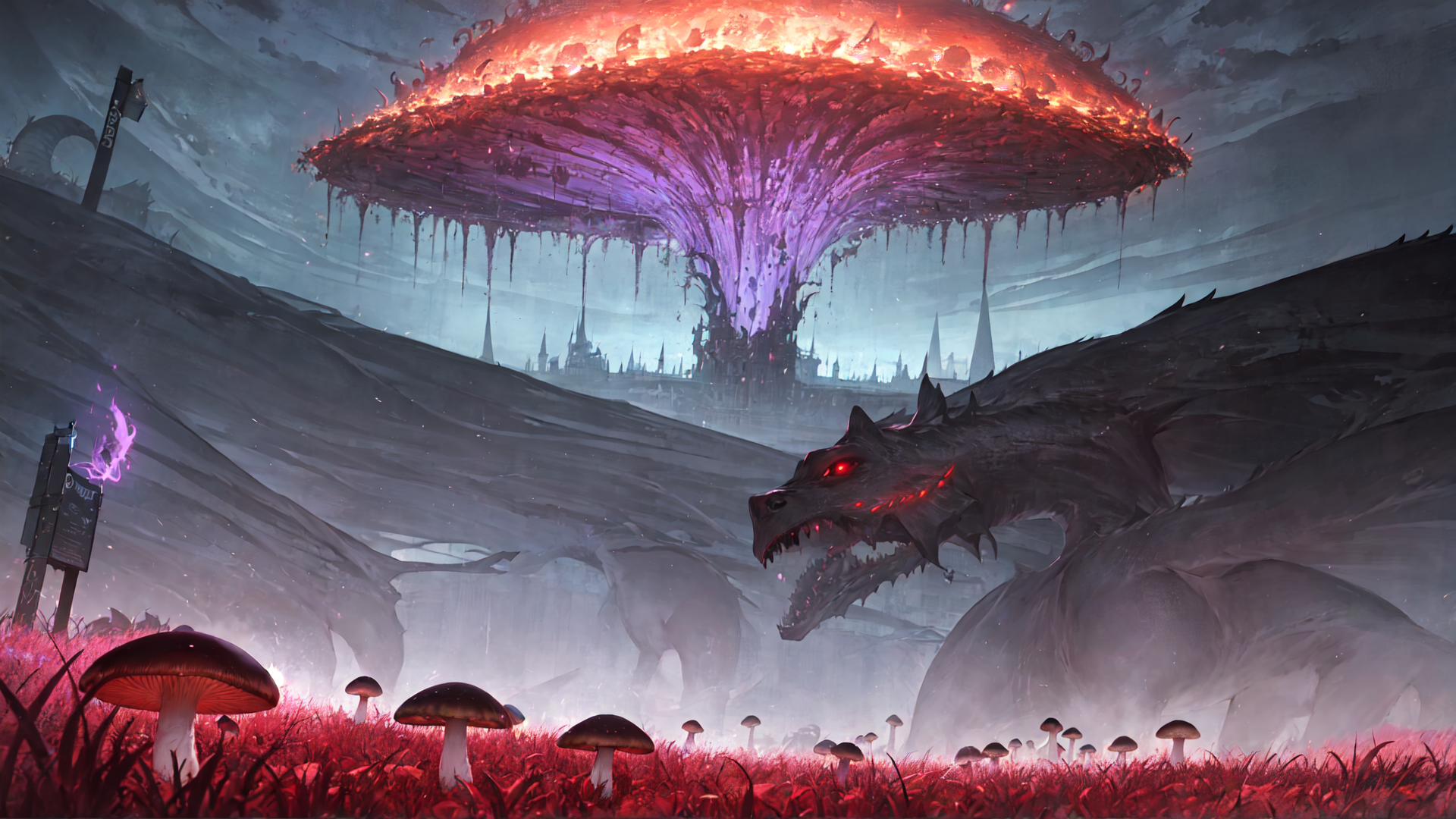 AI generated wallpaper featuring dragon, mushroom, castle, forest, sky, tree