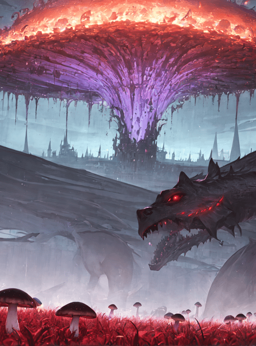 dragon, mushroom, castle, forest, sky, tree