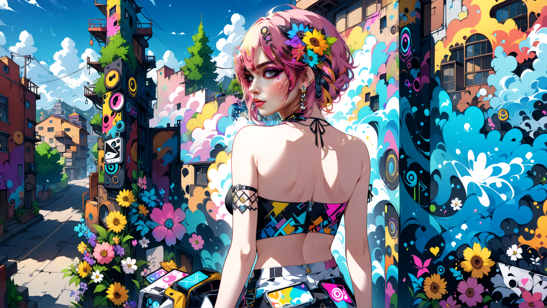 AI generated wallpaper featuring woman, street, flowers