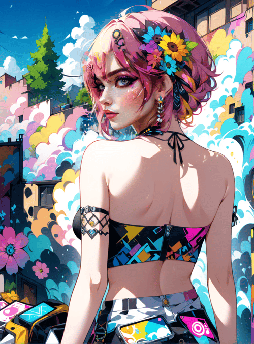 woman, street, flowers
