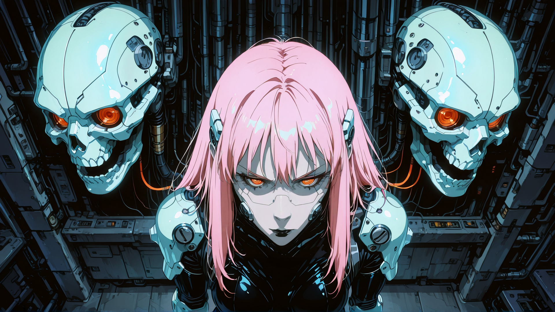 AI generated wallpaper featuring cyborg, robot, skull, anime, mech, character, pink hair, goggles, neon, futurism