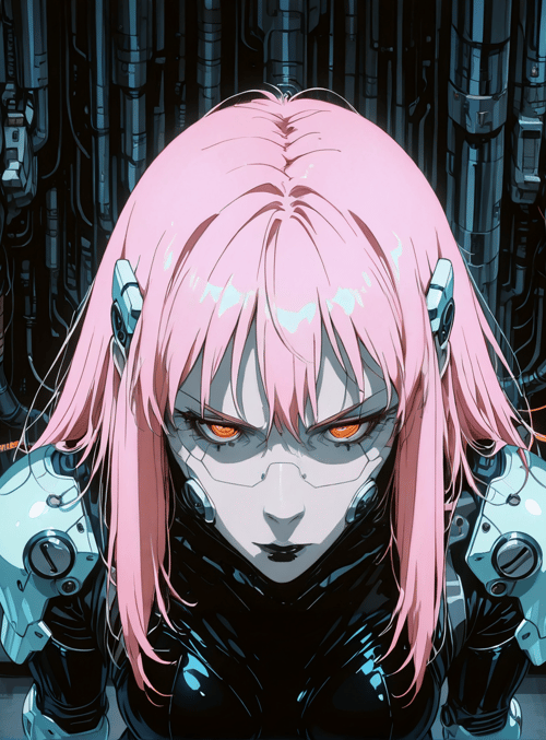 cyborg, robot, skull, anime, mech, character, pink hair, goggles, neon, futurism