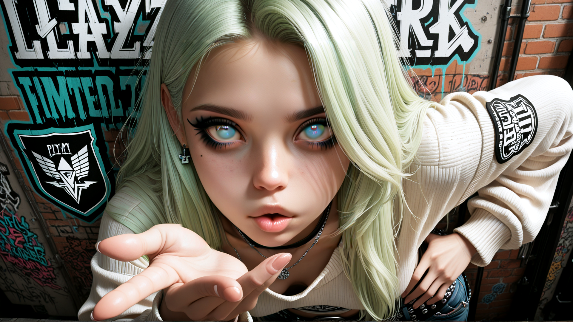 AI generated wallpaper featuring girl, graffiti, sweater, hair, hand