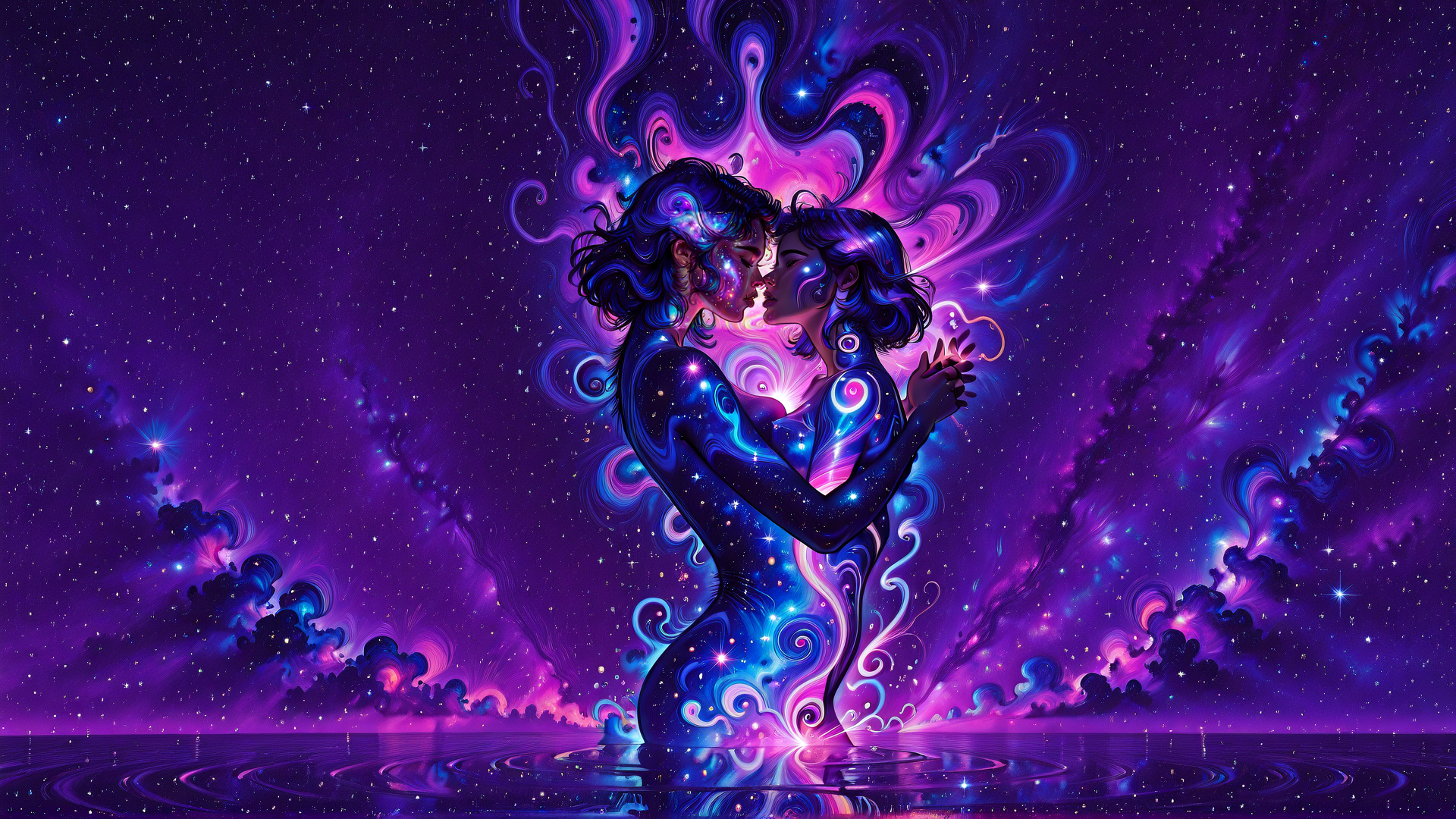 AI generated wallpaper featuring couple, galaxy, stars, nebula, water