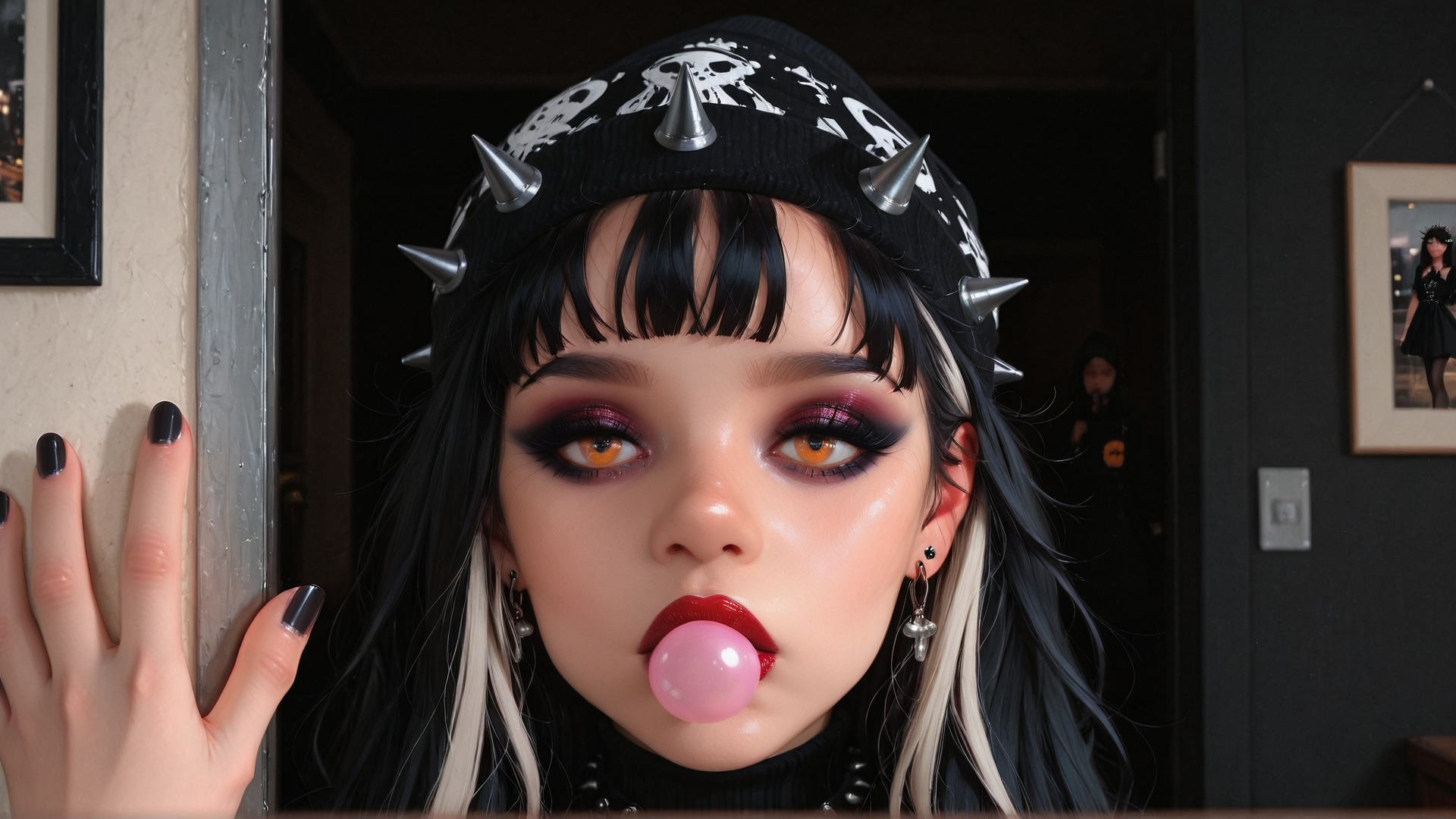 AI generated wallpaper featuring girl, punk, bubblegum, skull hat, blonde hair, black nails, earrings, gloves, portrait, mirror