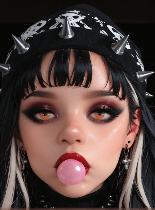 girl, punk, bubblegum, skull hat, blonde hair, black nails, earrings, gloves, portrait, mirror