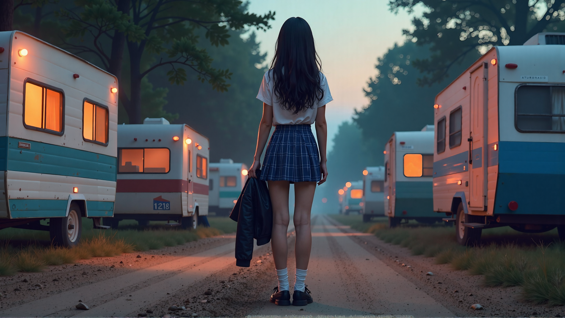 AI generated wallpaper featuring girl, camper, RV, trailer, road, tree, jacket, skirt, shoes, socks