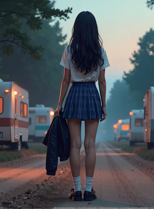 girl, camper, RV, trailer, road, tree, jacket, skirt, shoes, socks