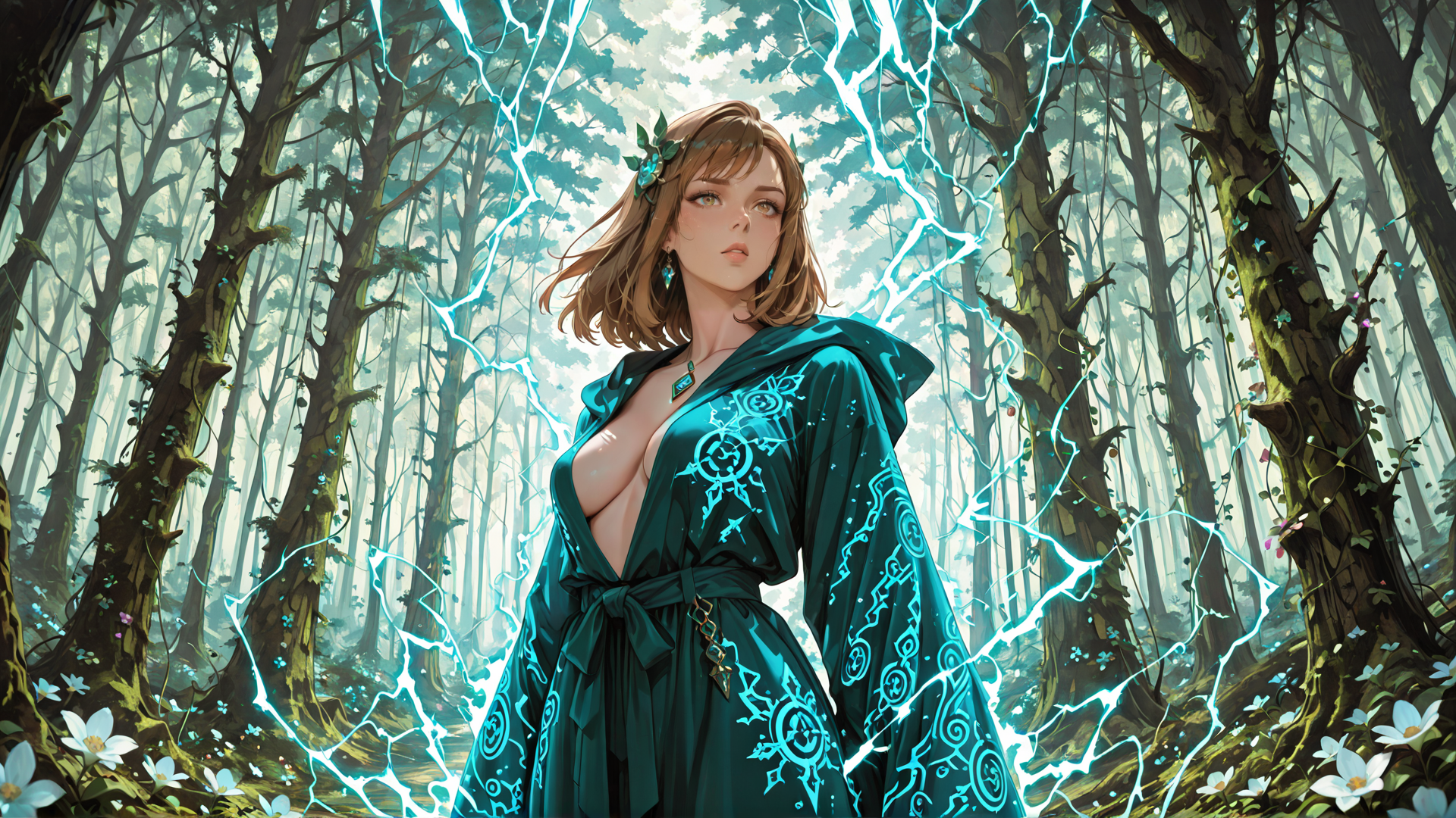 AI generated wallpaper featuring woman, forest, wizard, lightning, trees