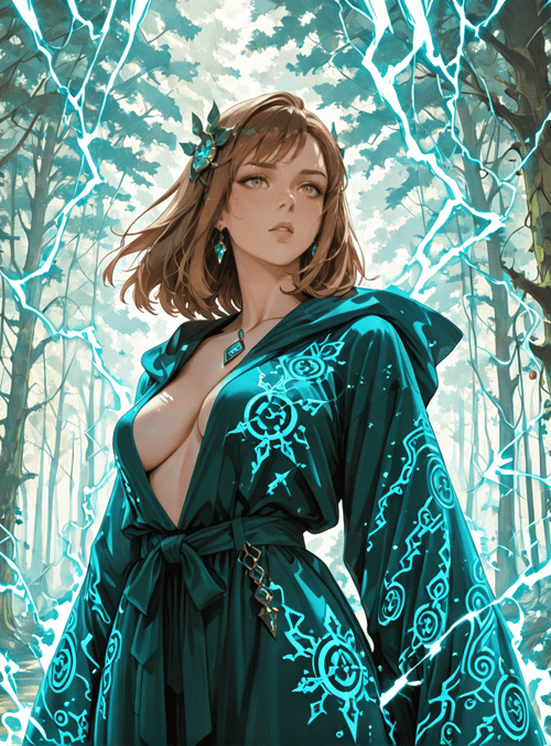 woman, forest, wizard, lightning, trees