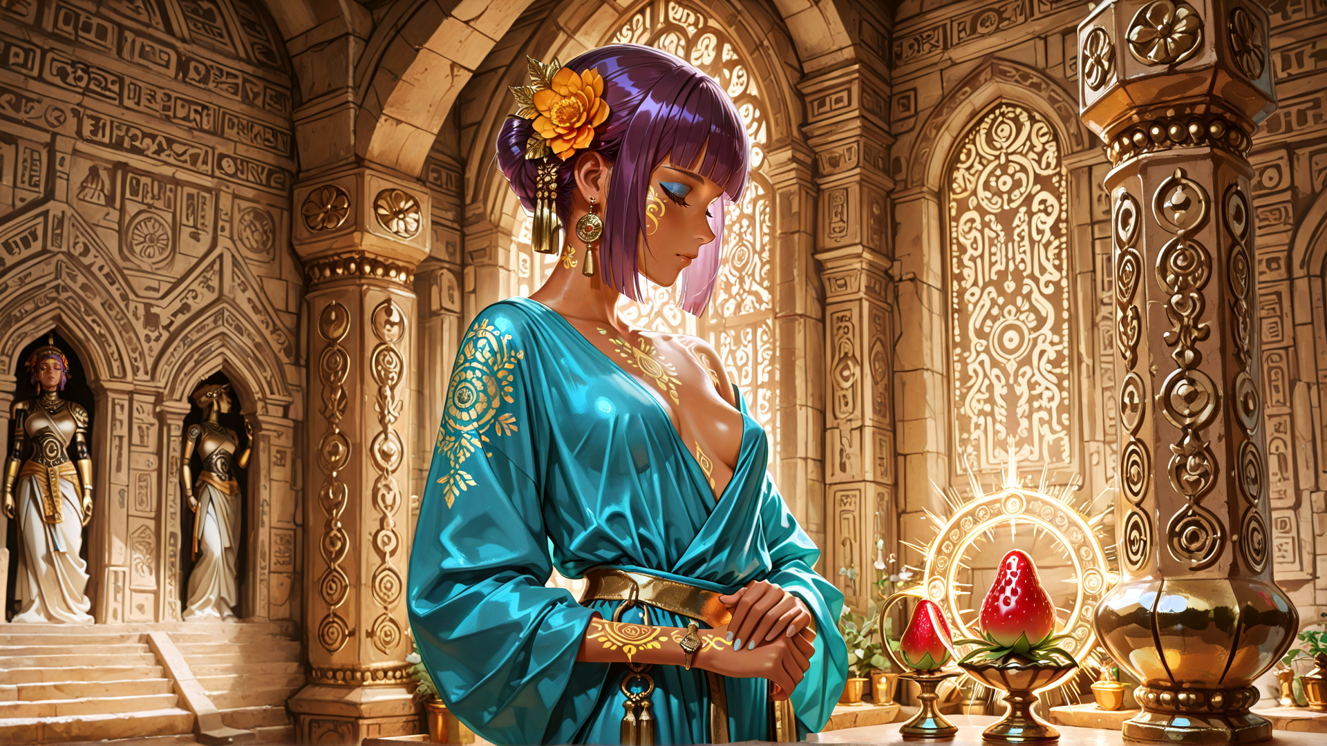 AI generated wallpaper featuring woman, strawberry, temple, statue, arch, garden
