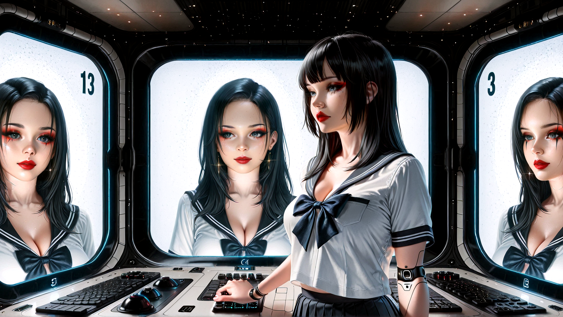 AI generated wallpaper featuring girl, monitor, keyboard, screen, uniform, control panel, window, display, sailor, futuristic