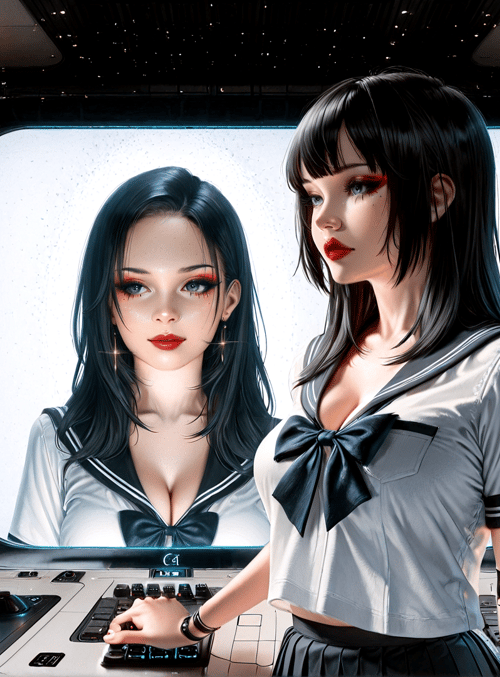girl, monitor, keyboard, screen, uniform, control panel, window, display, sailor, futuristic