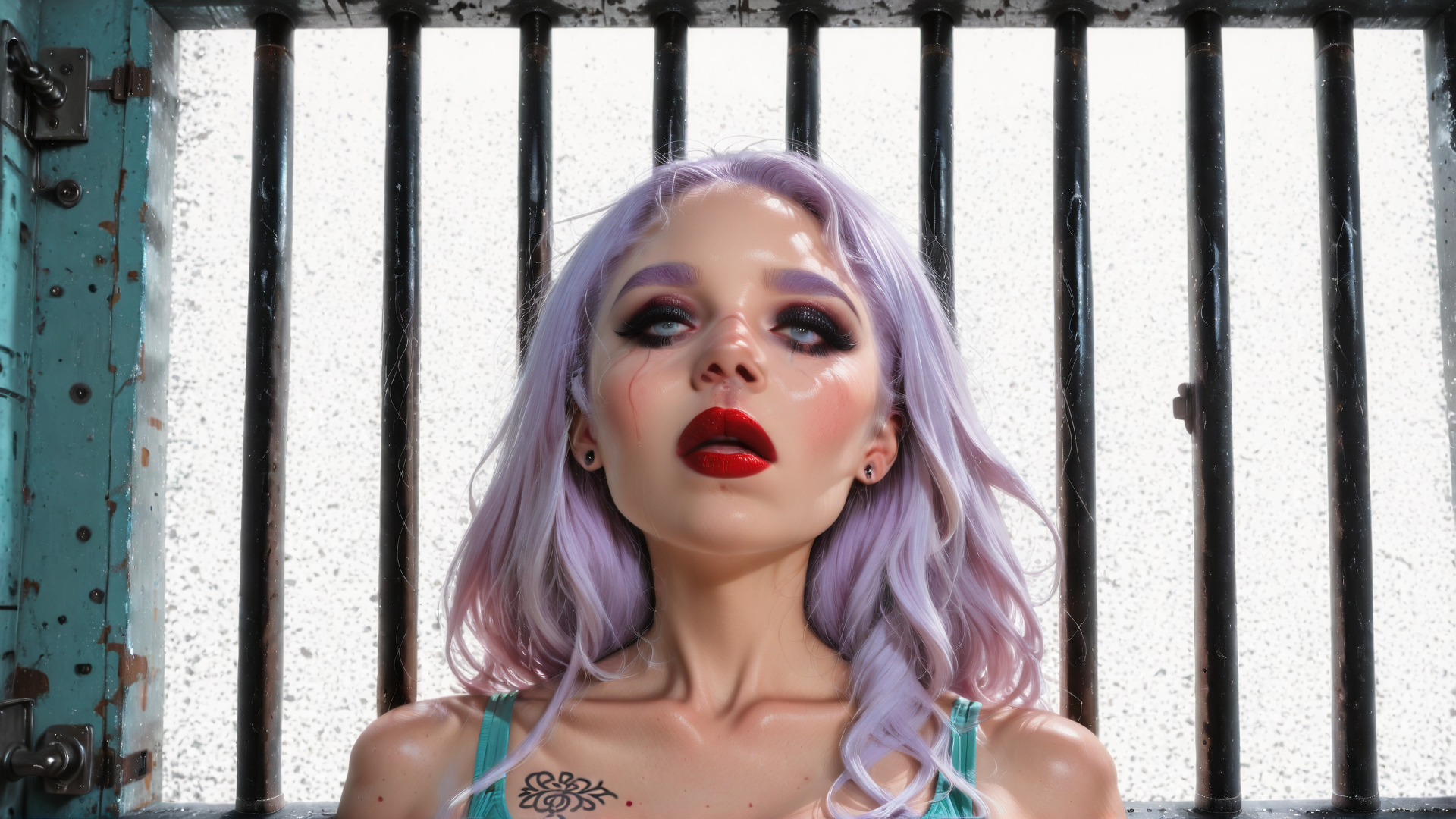 AI generated wallpaper featuring woman, prison, hair, tattoo, bar, door