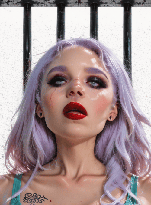 woman, prison, hair, tattoo, bar, door