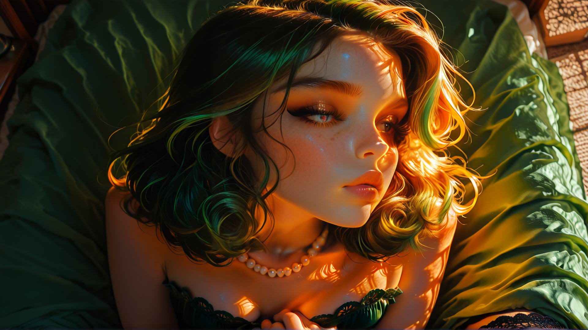 AI generated wallpaper featuring woman, hair, necklace, bed, pillow, sunlight, bra, green, curl, light