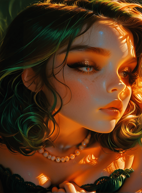 woman, hair, necklace, bed, pillow, sunlight, bra, green, curl, light