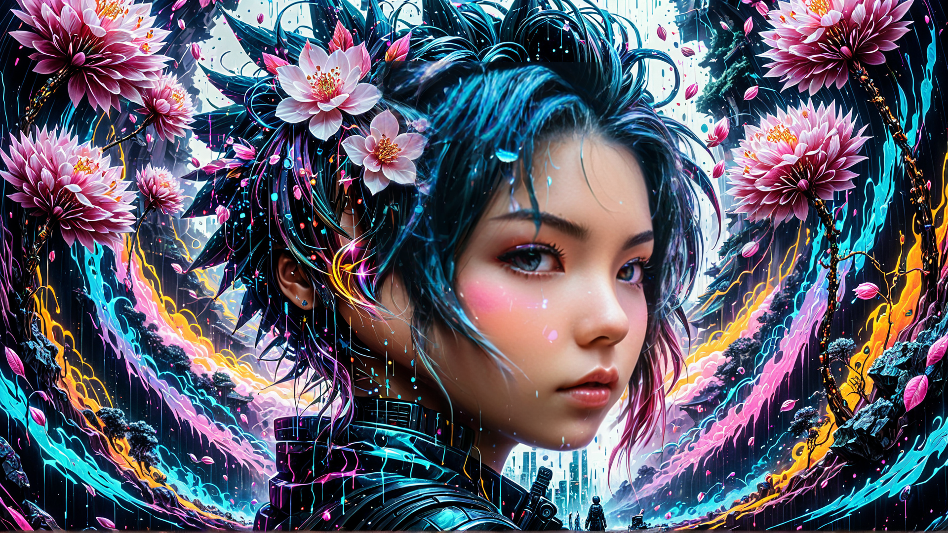 AI generated wallpaper featuring cyberpunk, girl, flowers