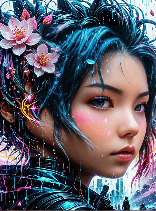 cyberpunk, girl, flowers
