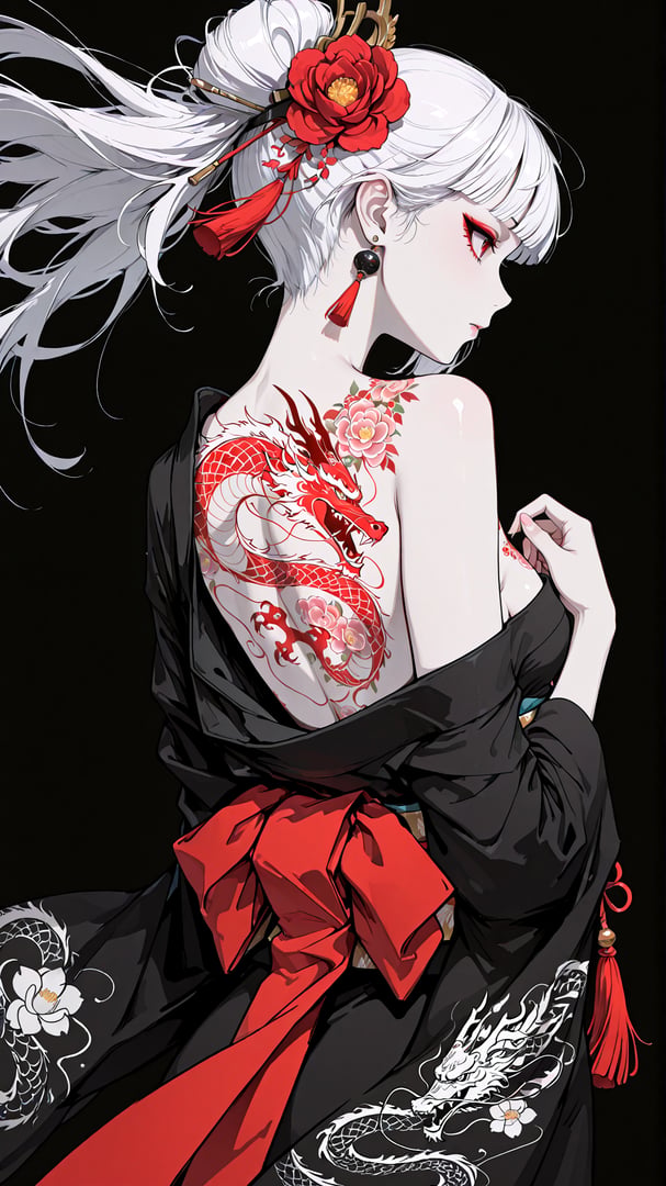 AI generated wallpaper featuring woman, dragon, peony, kimono, hair