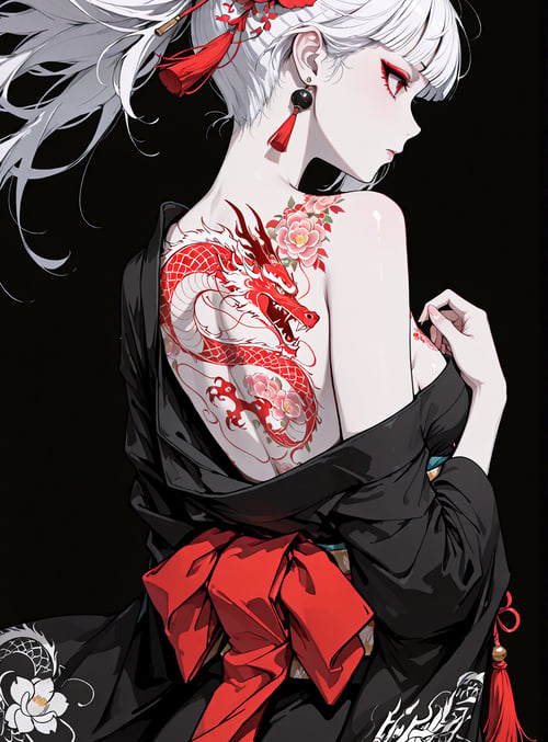 woman, dragon, peony, kimono, hair