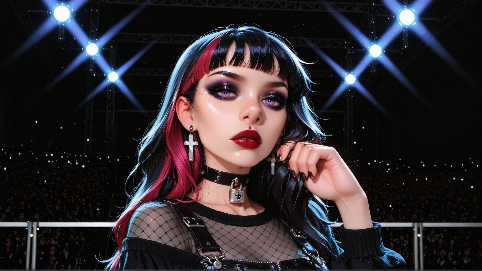 AI generated wallpaper featuring woman, stage, audience, fashion, hair, choker, earrings, top, light, crowd