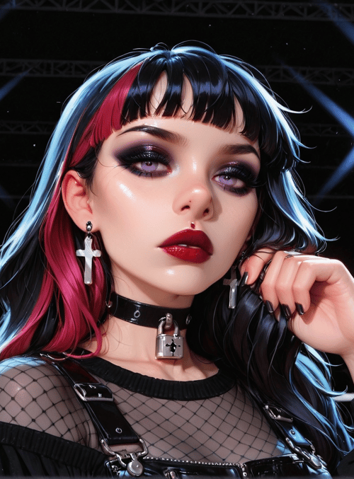 woman, stage, audience, fashion, hair, choker, earrings, top, light, crowd