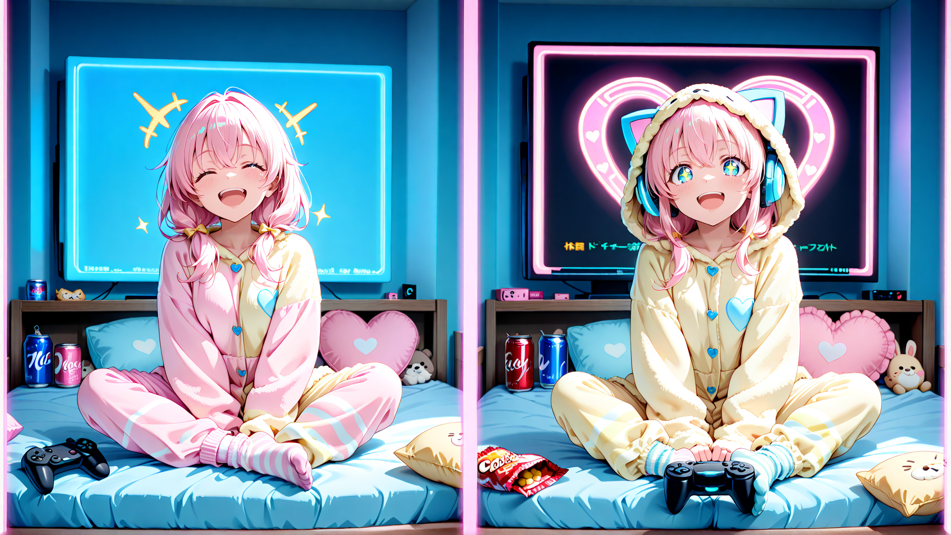 AI generated wallpaper featuring anime girl, bedroom, gaming