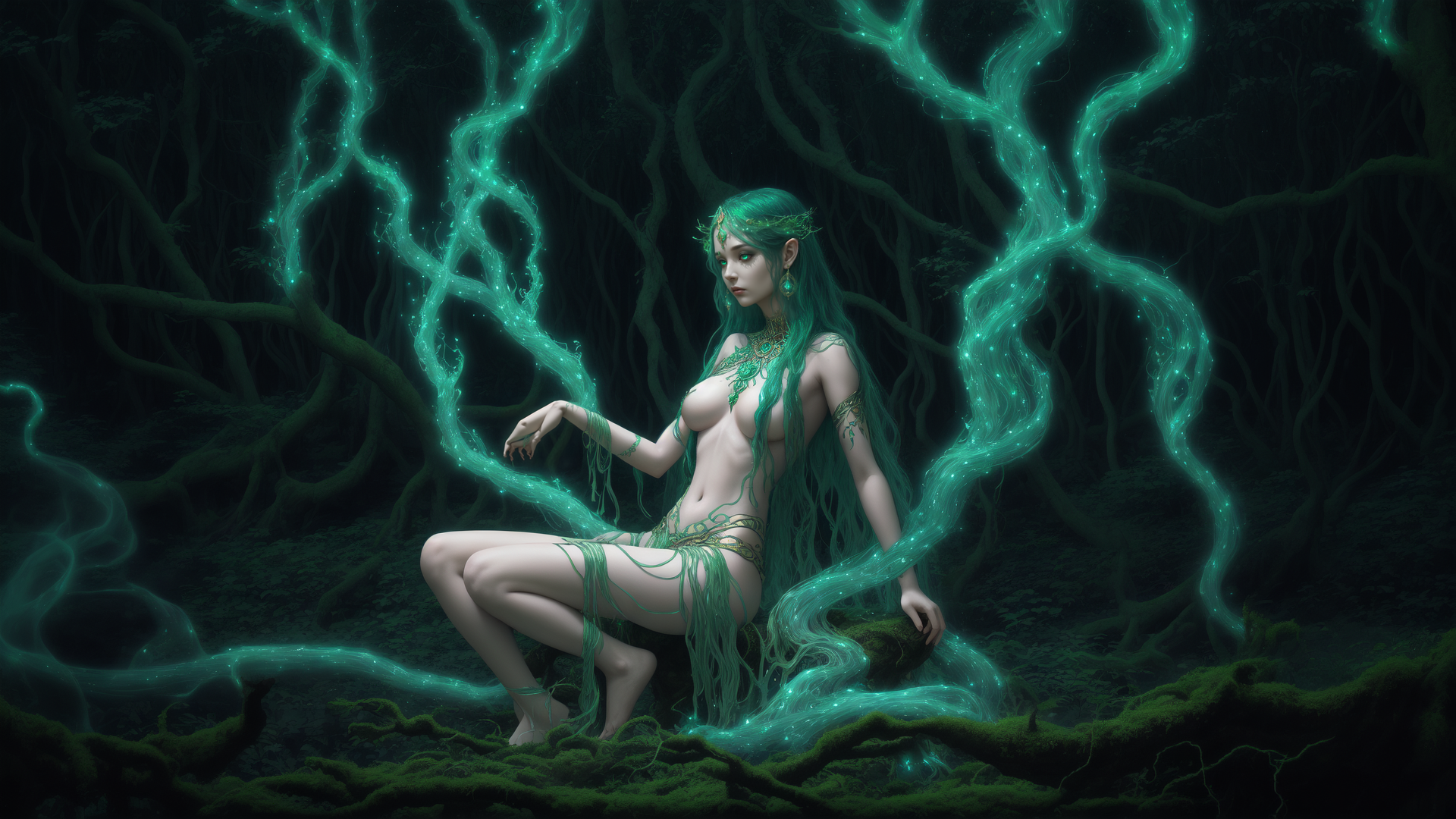 AI generated wallpaper featuring forest spirit, nature goddess, fey