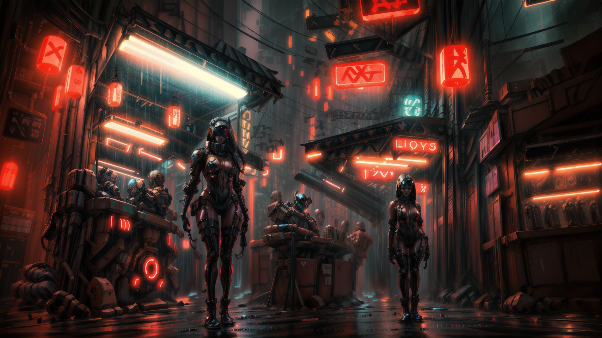 AI generated wallpaper featuring cyborg, neon, street