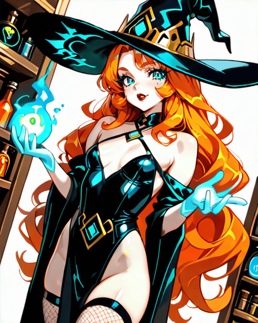 AI generated wallpaper featuring witch, woman, hats, books, bottles, gloves, dress, hair, sphere, books