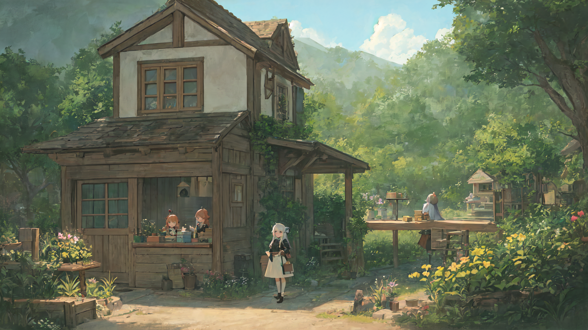 AI generated wallpaper featuring house, girl, flowers, trees, mountain, garden, table, window, path, plant