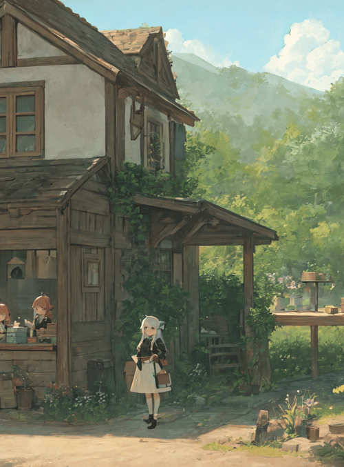 house, girl, flowers, trees, mountain, garden, table, window, path, plant